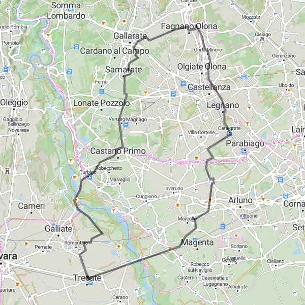 Miniature de la carte de l'inspiration cycliste "Parcours de vélo de route de Trecate à Turbigo" dans la Piemonte, Italy. Générée par le planificateur d'itinéraire cycliste Tarmacs.app