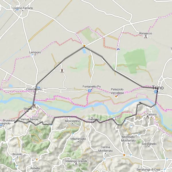 Miniatura della mappa di ispirazione al ciclismo "Itinerario cicloturistico da Trino a Trino" nella regione di Piemonte, Italy. Generata da Tarmacs.app, pianificatore di rotte ciclistiche