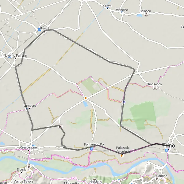 Miniaturní mapa "Trino - Fontanetto Po - Livorno Ferraris - Lachelle - Trino" inspirace pro cyklisty v oblasti Piemonte, Italy. Vytvořeno pomocí plánovače tras Tarmacs.app