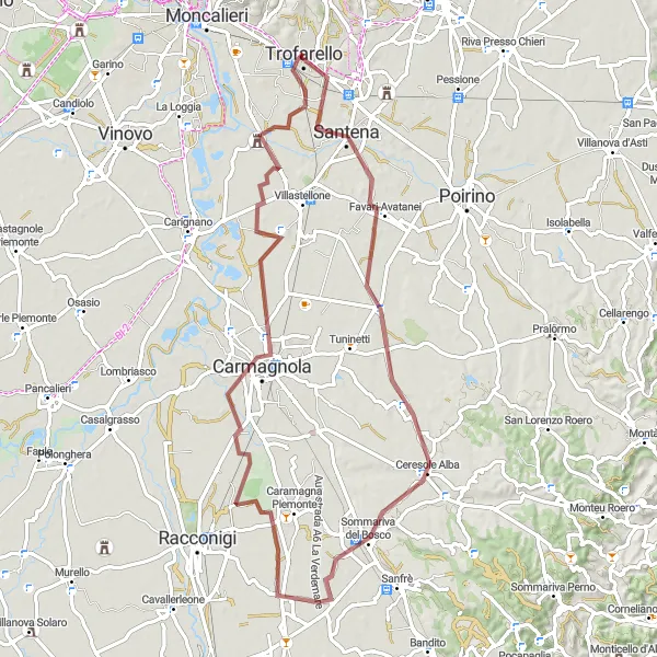 Miniatuurkaart van de fietsinspiratie "Gravelroute van Santena naar Tetti Sapini" in Piemonte, Italy. Gemaakt door de Tarmacs.app fietsrouteplanner