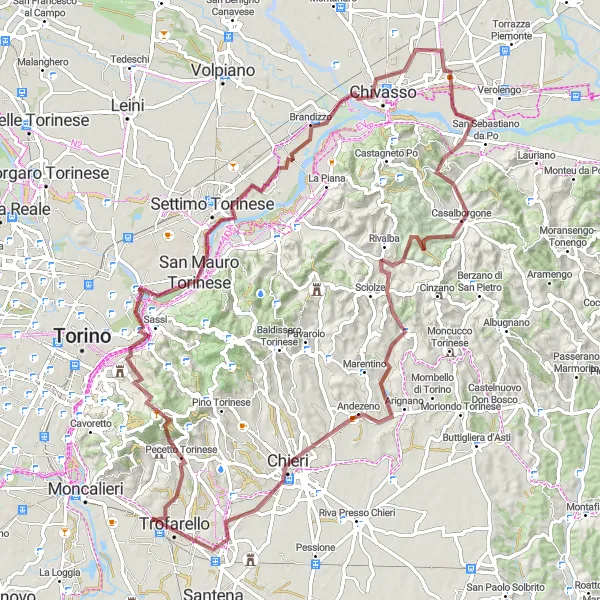 Miniatuurkaart van de fietsinspiratie "Gravel Avontuur rond Trofarello" in Piemonte, Italy. Gemaakt door de Tarmacs.app fietsrouteplanner
