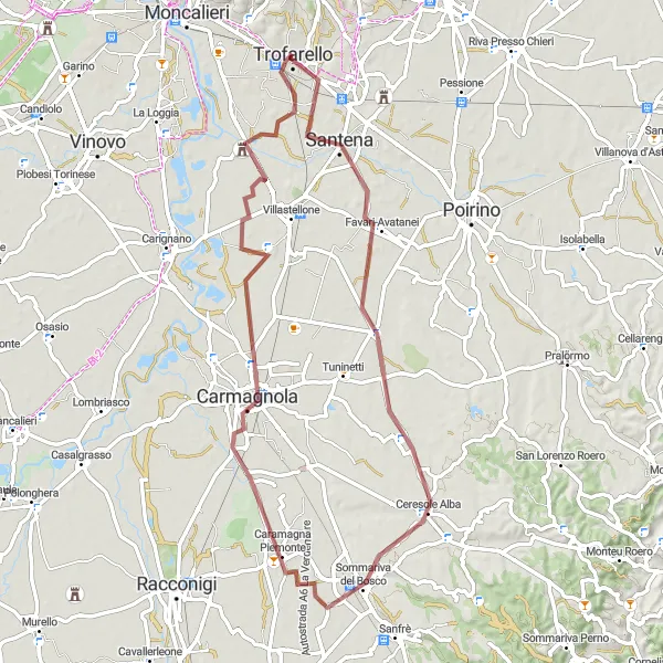 Miniatua del mapa de inspiración ciclista "Ruta de Gravel por Santena y Carmagnola" en Piemonte, Italy. Generado por Tarmacs.app planificador de rutas ciclistas