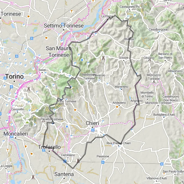 Miniatura della mappa di ispirazione al ciclismo "Salite e panorami: Road tra le colline torinesi" nella regione di Piemonte, Italy. Generata da Tarmacs.app, pianificatore di rotte ciclistiche