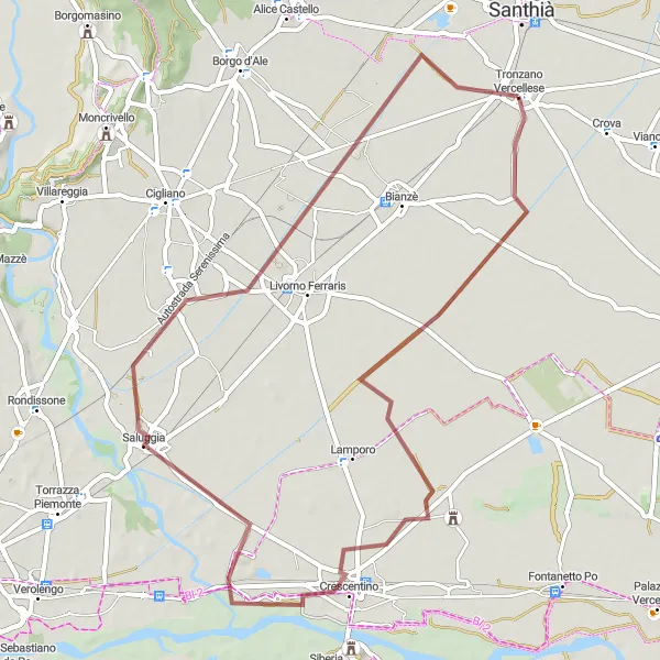 Miniaturní mapa "Gravel Cycling Tour to Crescentino from Tronzano Vercellese" inspirace pro cyklisty v oblasti Piemonte, Italy. Vytvořeno pomocí plánovače tras Tarmacs.app