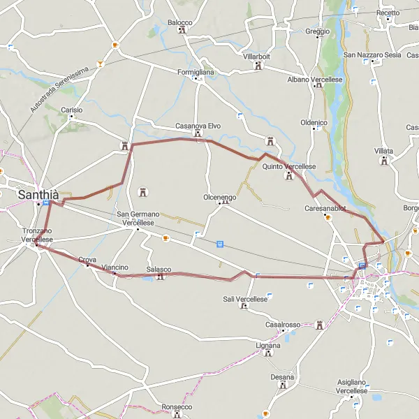 Miniaturní mapa "Scenic Gravel Ride to Vercelli from Tronzano Vercellese" inspirace pro cyklisty v oblasti Piemonte, Italy. Vytvořeno pomocí plánovače tras Tarmacs.app