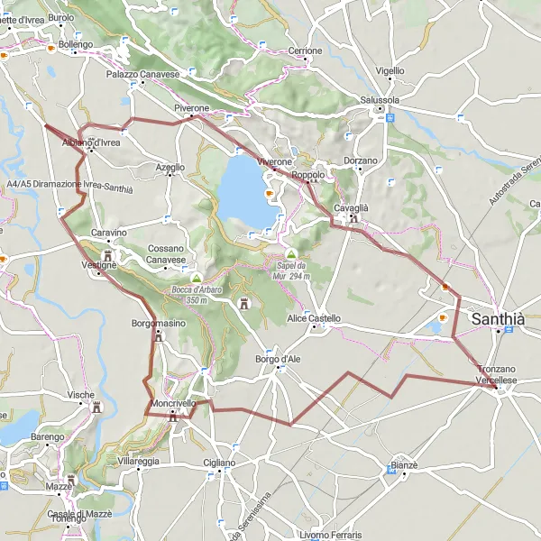 Miniatua del mapa de inspiración ciclista "Ruta de Grava de Vestignè a Tronzano Vercellese" en Piemonte, Italy. Generado por Tarmacs.app planificador de rutas ciclistas