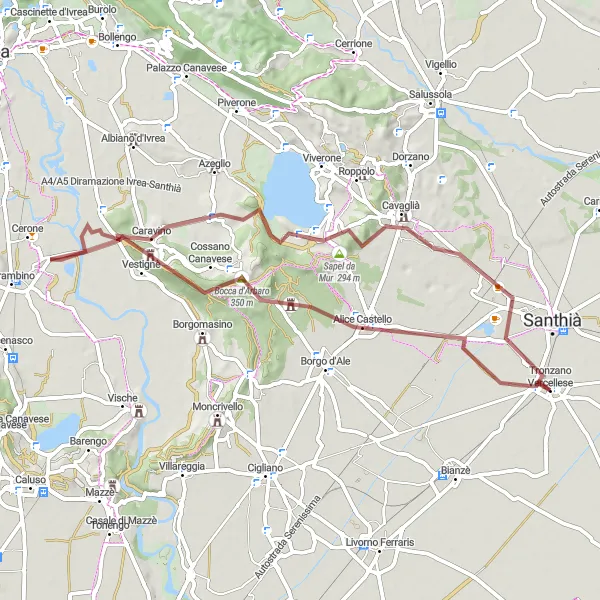 Map miniature of "Gentle Gravel Adventure through the Ivrea Amphitheater" cycling inspiration in Piemonte, Italy. Generated by Tarmacs.app cycling route planner
