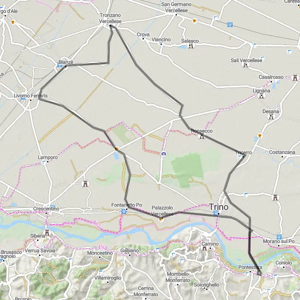 Kartminiatyr av "Tronzano till Livorno Ferraris Loop" cykelinspiration i Piemonte, Italy. Genererad av Tarmacs.app cykelruttplanerare