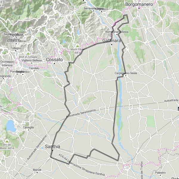 Karten-Miniaturansicht der Radinspiration "Die Romantische Straße von Carisio nach Tronzano Vercellese" in Piemonte, Italy. Erstellt vom Tarmacs.app-Routenplaner für Radtouren