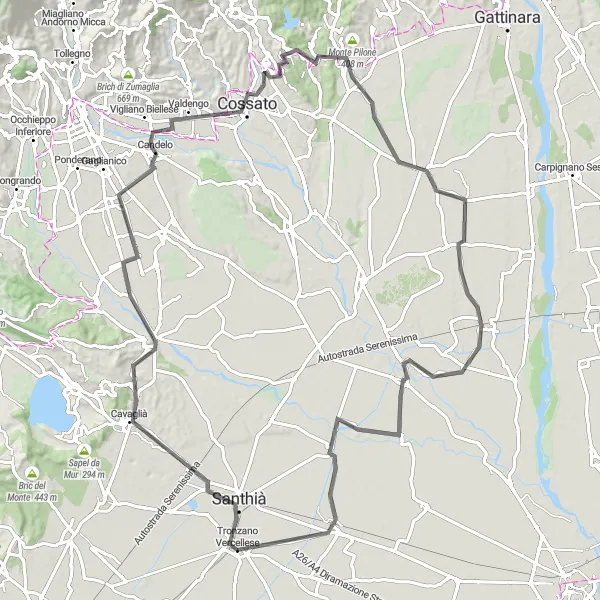 Miniatua del mapa de inspiración ciclista "Ruta de carretera hacia Tronzano Vercellese" en Piemonte, Italy. Generado por Tarmacs.app planificador de rutas ciclistas