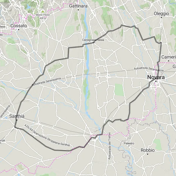 Mapa miniatúra "Trasa cez Carisio, Vercelli až po Tronzano Vercellese" cyklistická inšpirácia v Piemonte, Italy. Vygenerované cyklistickým plánovačom trás Tarmacs.app