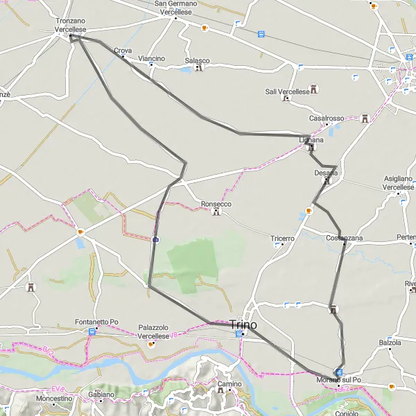 Miniatua del mapa de inspiración ciclista "Ruta de Ciclismo de 63 km desde Tronzano Vercellese" en Piemonte, Italy. Generado por Tarmacs.app planificador de rutas ciclistas