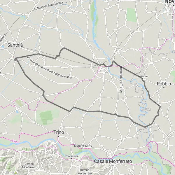 Miniaturní mapa "Trasy na kole kolem Tronzano Vercellese" inspirace pro cyklisty v oblasti Piemonte, Italy. Vytvořeno pomocí plánovače tras Tarmacs.app