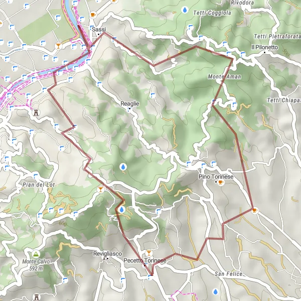 Mapa miniatúra "Gravel okolo Turína s výstupom na Bric San Viter" cyklistická inšpirácia v Piemonte, Italy. Vygenerované cyklistickým plánovačom trás Tarmacs.app