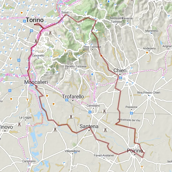 Map miniature of "Superga Climb" cycling inspiration in Piemonte, Italy. Generated by Tarmacs.app cycling route planner