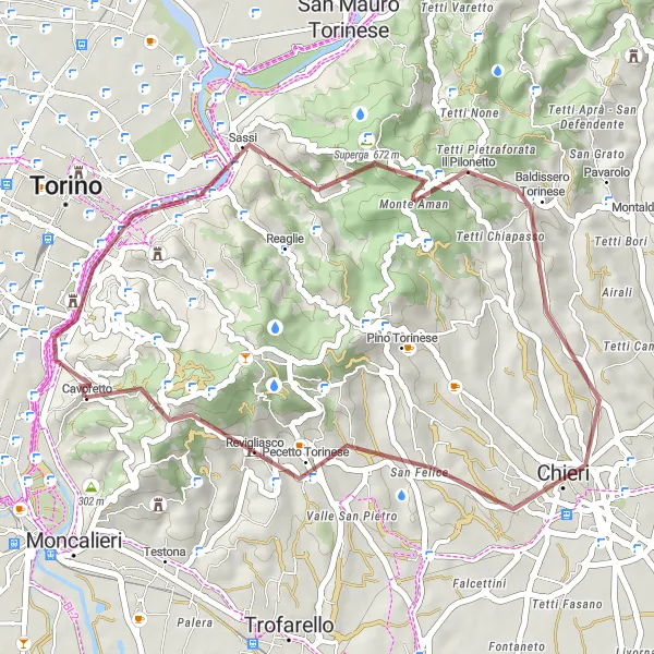 Zemljevid v pomanjšavi "Pustolovščina po brezpotjih v okolici Superge" kolesarske inspiracije v Piemonte, Italy. Generirano z načrtovalcem kolesarskih poti Tarmacs.app