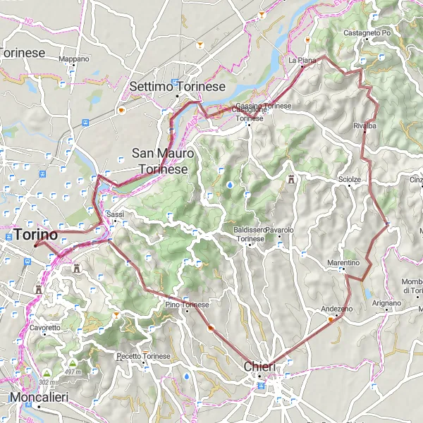 Map miniature of "Gravel Explorer: Settimo Torinese and Mole Antonelliana" cycling inspiration in Piemonte, Italy. Generated by Tarmacs.app cycling route planner