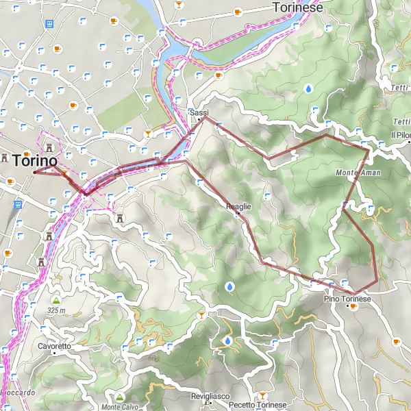Miniatura mapy "Trasa gravelowa przez Piazza Vittorio Veneto, Superga, Pino Torinese i Mole Antonelliana" - trasy rowerowej w Piemonte, Italy. Wygenerowane przez planer tras rowerowych Tarmacs.app