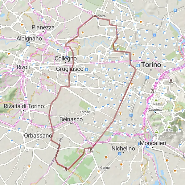 Mapa miniatúra "Pokojná gravel trasa okolo Turína" cyklistická inšpirácia v Piemonte, Italy. Vygenerované cyklistickým plánovačom trás Tarmacs.app