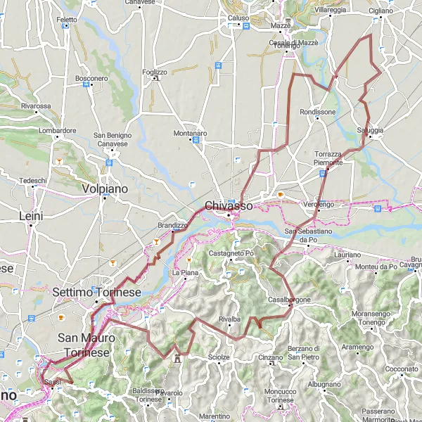 Miniatuurkaart van de fietsinspiratie "Ultieme Graveltocht rond Turijn" in Piemonte, Italy. Gemaakt door de Tarmacs.app fietsrouteplanner