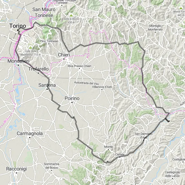 Miniatuurkaart van de fietsinspiratie "Wegrit door Turijn en Roero" in Piemonte, Italy. Gemaakt door de Tarmacs.app fietsrouteplanner