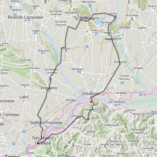 Zemljevid v pomanjšavi "Potovanje skozi Dolino Canavese" kolesarske inspiracije v Piemonte, Italy. Generirano z načrtovalcem kolesarskih poti Tarmacs.app
