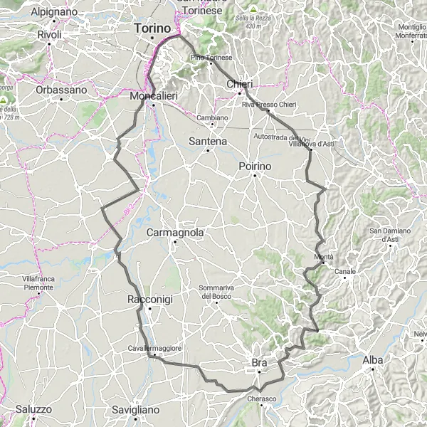 Mapa miniatúra "Cycling around Turin and the Roero Hills" cyklistická inšpirácia v Piemonte, Italy. Vygenerované cyklistickým plánovačom trás Tarmacs.app