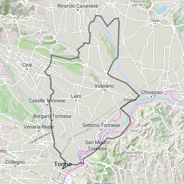 Miniaturní mapa "Okružní cyklistická trasa kolem Turína - Borgaro Torinese až San Mauro Torinese" inspirace pro cyklisty v oblasti Piemonte, Italy. Vytvořeno pomocí plánovače tras Tarmacs.app