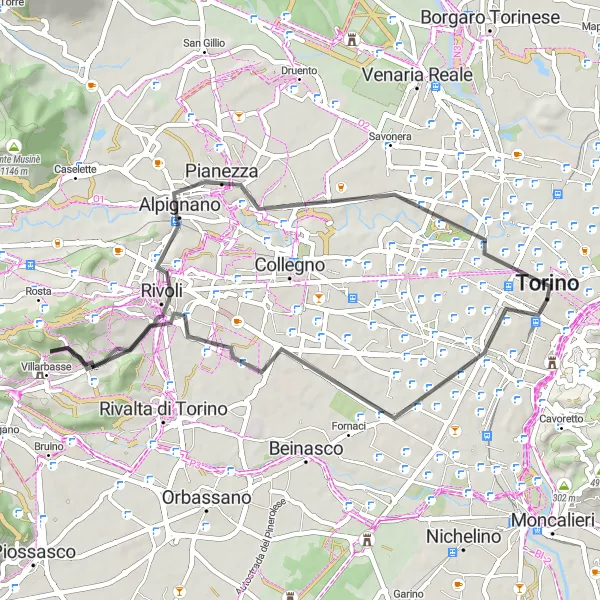 Map miniature of "Roads, Hills, and Mirafiori Nord" cycling inspiration in Piemonte, Italy. Generated by Tarmacs.app cycling route planner