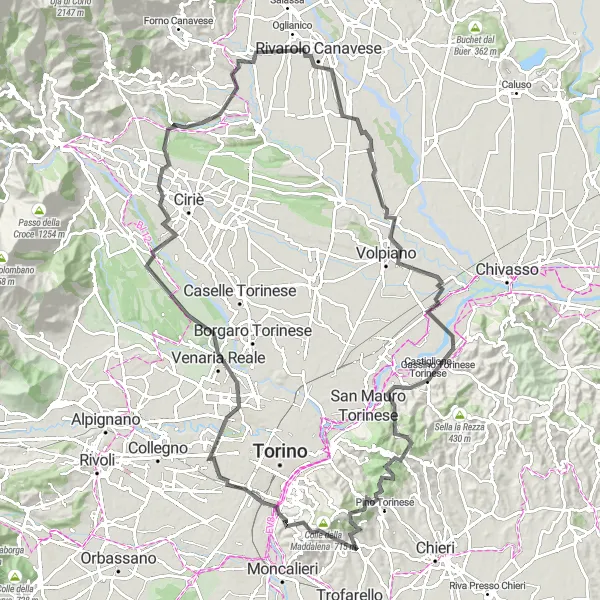 Miniatura mapy "Trasa szosowa przez Revigliasco, Monte Calvo, Venaria Reale, Vauda Canavese, Rivarolo Canavese, San Benigno Canavese, Castiglione Torinese, Pino Torinese i Col d'Arsete" - trasy rowerowej w Piemonte, Italy. Wygenerowane przez planer tras rowerowych Tarmacs.app