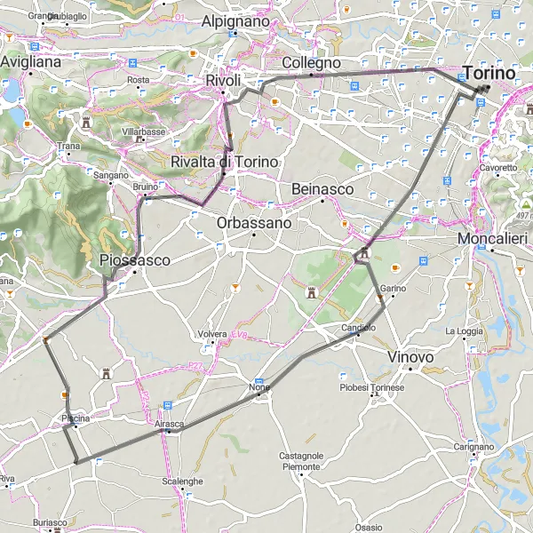 Karttaminiaatyyri "73 km maantiekiertue Turinon lähellä" pyöräilyinspiraatiosta alueella Piemonte, Italy. Luotu Tarmacs.app pyöräilyreittisuunnittelijalla