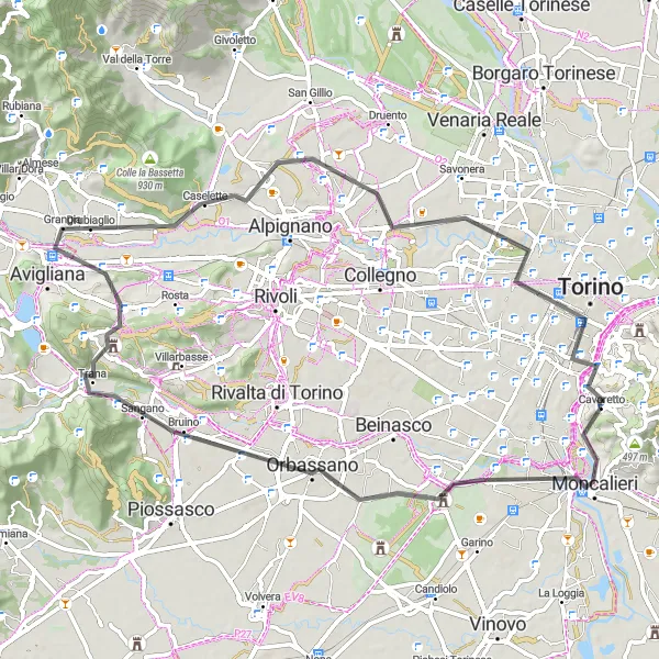 Map miniature of "Road Cycling Route: Turin to Moncalieri" cycling inspiration in Piemonte, Italy. Generated by Tarmacs.app cycling route planner