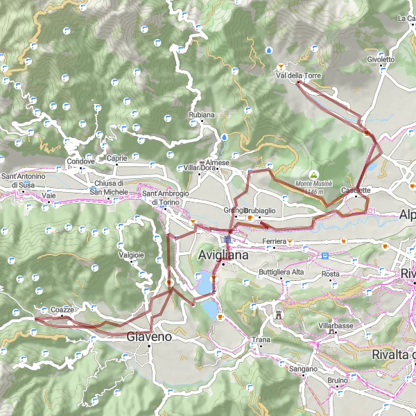 Map miniature of "Val della Torre to Borgata La Buffa Gravel Bike Route" cycling inspiration in Piemonte, Italy. Generated by Tarmacs.app cycling route planner