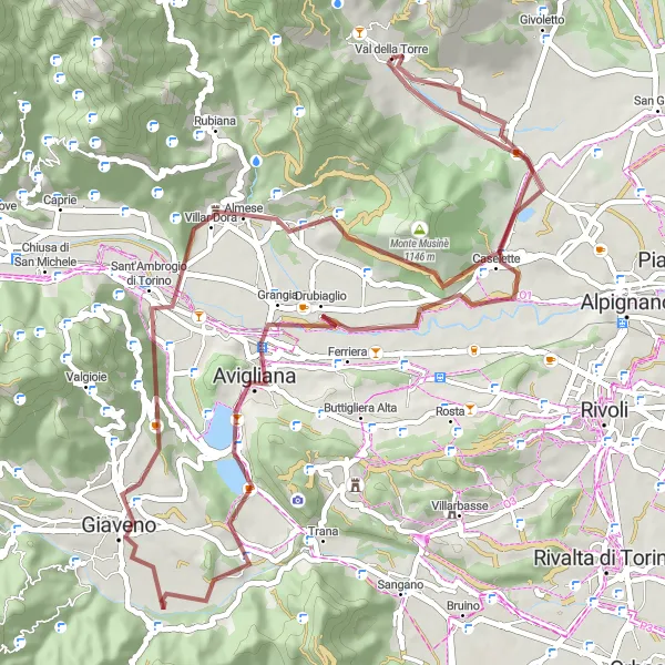 Zemljevid v pomanjšavi "Gorsko kolesarjenje v Val della Torre" kolesarske inspiracije v Piemonte, Italy. Generirano z načrtovalcem kolesarskih poti Tarmacs.app