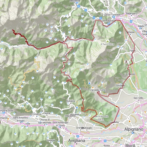 Karten-Miniaturansicht der Radinspiration "Rundfahrt über 100 km zum Monte Baron" in Piemonte, Italy. Erstellt vom Tarmacs.app-Routenplaner für Radtouren