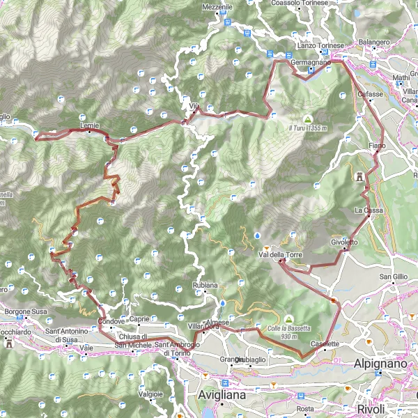 Karttaminiaatyyri "Haastava gravelreitti Caseletten kautta" pyöräilyinspiraatiosta alueella Piemonte, Italy. Luotu Tarmacs.app pyöräilyreittisuunnittelijalla