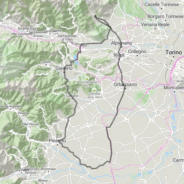 Miniatua del mapa de inspiración ciclista "Recorrido en Bicicleta de Carretera por Val della Torre" en Piemonte, Italy. Generado por Tarmacs.app planificador de rutas ciclistas