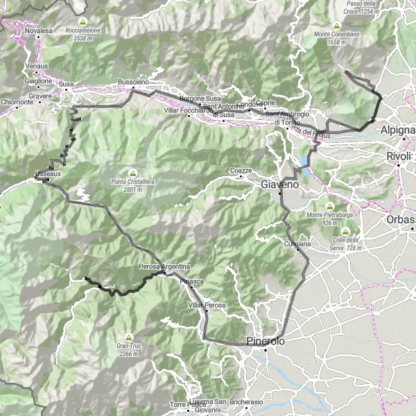 Miniatura della mappa di ispirazione al ciclismo "Avventura sulle Montagne Piemontesi" nella regione di Piemonte, Italy. Generata da Tarmacs.app, pianificatore di rotte ciclistiche