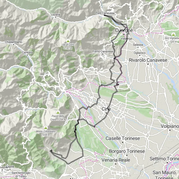 Map miniature of "Road Adventure along Val della Torre's Scenic Route" cycling inspiration in Piemonte, Italy. Generated by Tarmacs.app cycling route planner