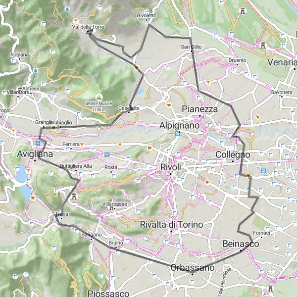 Map miniature of "Val della Torre to Monte Calvo Road Cycling Route" cycling inspiration in Piemonte, Italy. Generated by Tarmacs.app cycling route planner