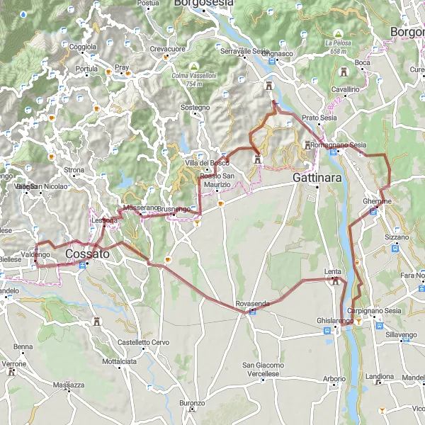 Kartminiatyr av "Bergrunda via Ghislarengo" cykelinspiration i Piemonte, Italy. Genererad av Tarmacs.app cykelruttplanerare