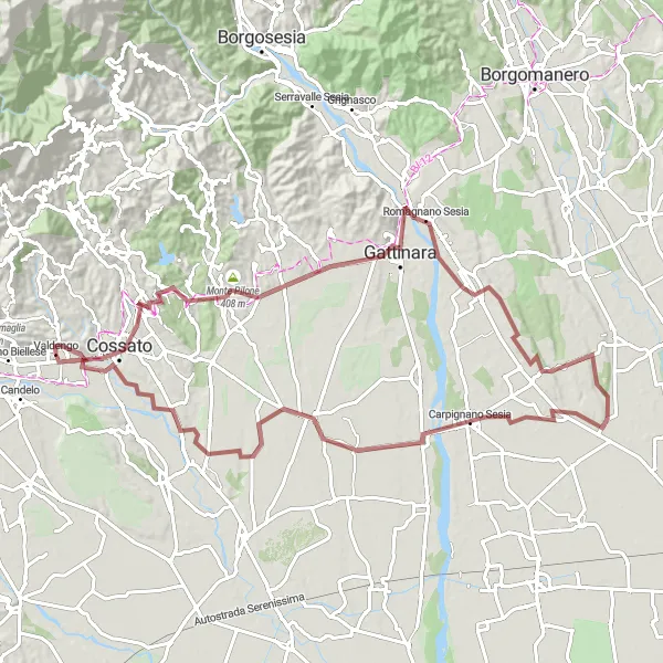 Karttaminiaatyyri "Sorareitti Masseranosta Valdengoon" pyöräilyinspiraatiosta alueella Piemonte, Italy. Luotu Tarmacs.app pyöräilyreittisuunnittelijalla