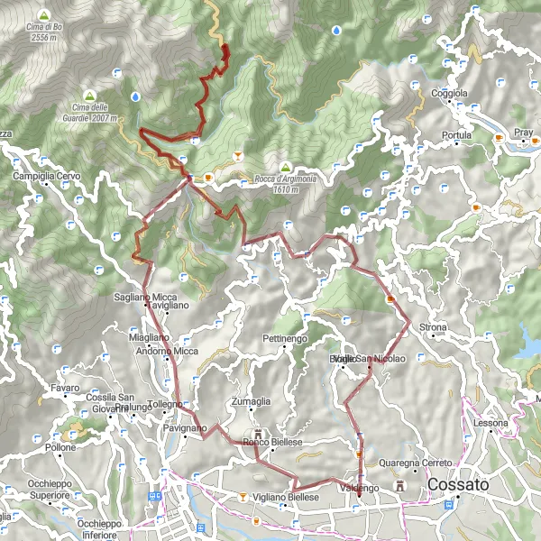 Zemljevid v pomanjšavi "Valdengo - Veglio Gravel Cycling Adventure" kolesarske inspiracije v Piemonte, Italy. Generirano z načrtovalcem kolesarskih poti Tarmacs.app