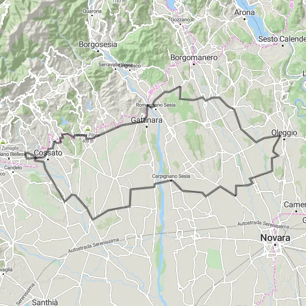 Map miniature of "Valdengo - Masserano - Gattinara - Fontaneto d'Agogna - Oleggio - Morghengo - Ghislarengo - Mottalciata - Valdengo" cycling inspiration in Piemonte, Italy. Generated by Tarmacs.app cycling route planner