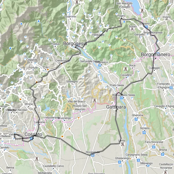 Miniaturní mapa "Cesta kolem Borgosesie" inspirace pro cyklisty v oblasti Piemonte, Italy. Vytvořeno pomocí plánovače tras Tarmacs.app