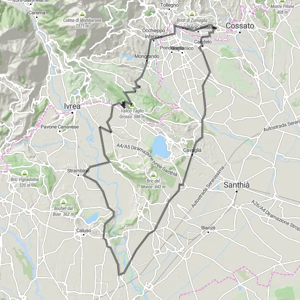 Map miniature of "The Scenic Salussola Ride" cycling inspiration in Piemonte, Italy. Generated by Tarmacs.app cycling route planner