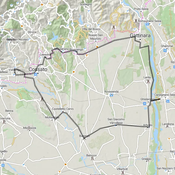 Zemljevid v pomanjšavi "Valdengo - Carpignano Sesia Road Cycling Route" kolesarske inspiracije v Piemonte, Italy. Generirano z načrtovalcem kolesarskih poti Tarmacs.app