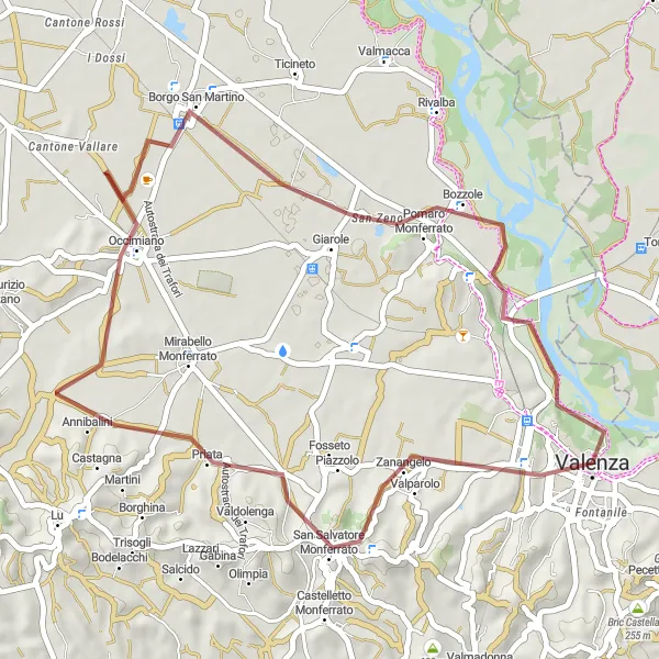 Mapa miniatúra "Gravel Tour Occimiano" cyklistická inšpirácia v Piemonte, Italy. Vygenerované cyklistickým plánovačom trás Tarmacs.app