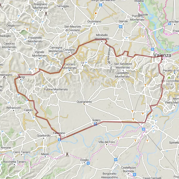 Map miniature of "Valenza to Mirabello Monferrato Gravel Route" cycling inspiration in Piemonte, Italy. Generated by Tarmacs.app cycling route planner