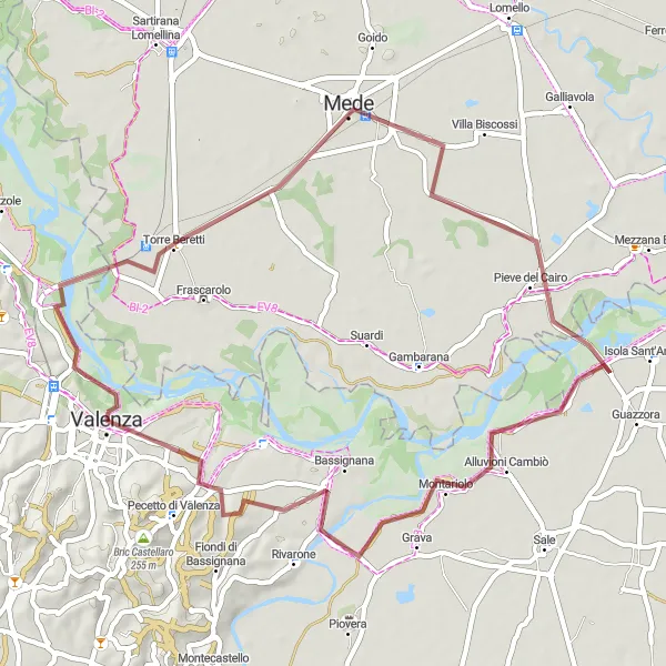 Miniaturní mapa "Gravelová cyklostezka Valenza - Piemonte" inspirace pro cyklisty v oblasti Piemonte, Italy. Vytvořeno pomocí plánovače tras Tarmacs.app